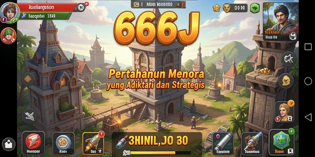 Tampilan gameplay yang penuh aksi dalam 666J Tower Defense.