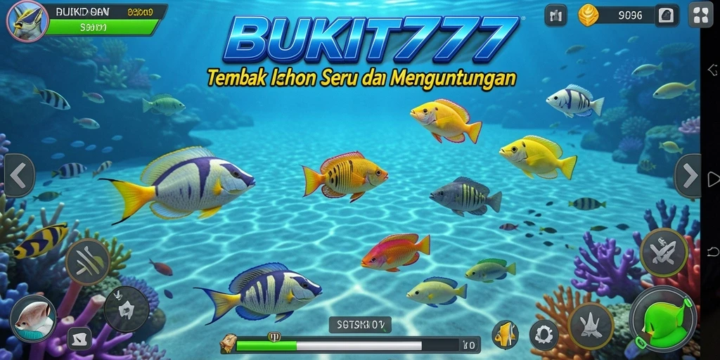 Gameplay seru BUKIT777 dengan ikan berwarna-warni.