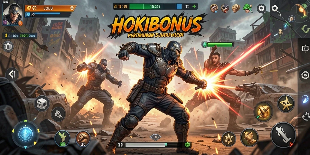 Screenshot aksi intens dari HOKIBONUS dengan karakter bertarung.