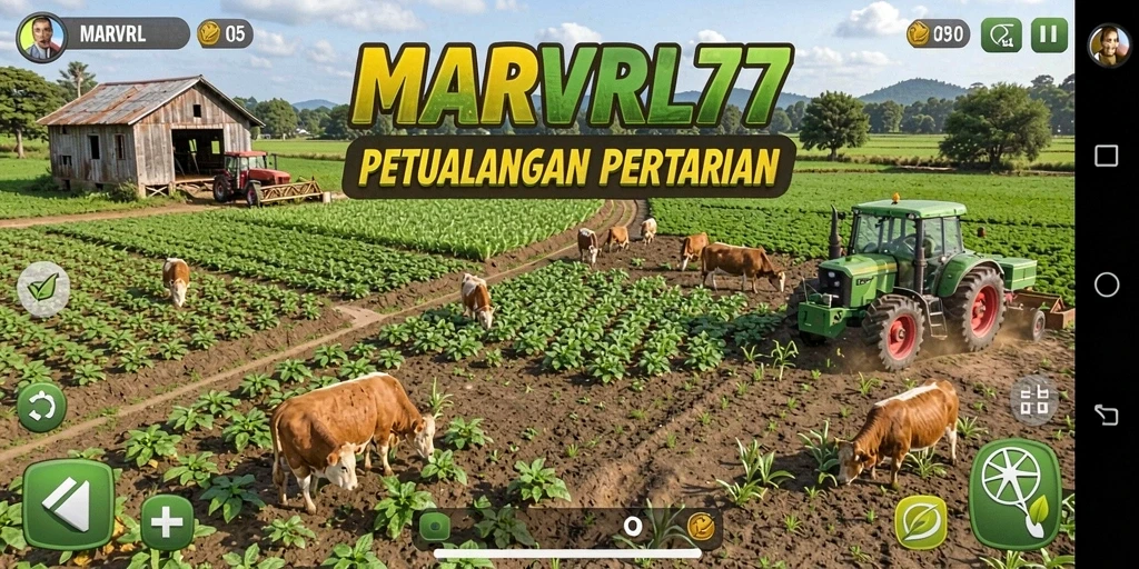 Tangkapan layar gameplay MARVRL77 menunjukkan aktivitas bertani yang menarik dan interaksi dengan hewan ternak.
