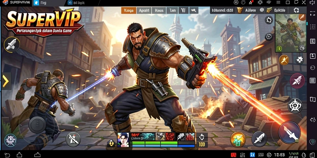 Tangkapan layar gameplay SUPERVIP menampilkan pertarungan seru antara karakter yang kuat.